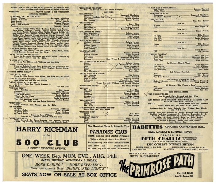 1939 Flyer for ''George White's Scandals'' at the Garden Pier Theatre, Listing The Three Stooges in 2 Places -- Measures 11'' x 9.5'' Unfolded -- Some Notations, Else Very Good Plus